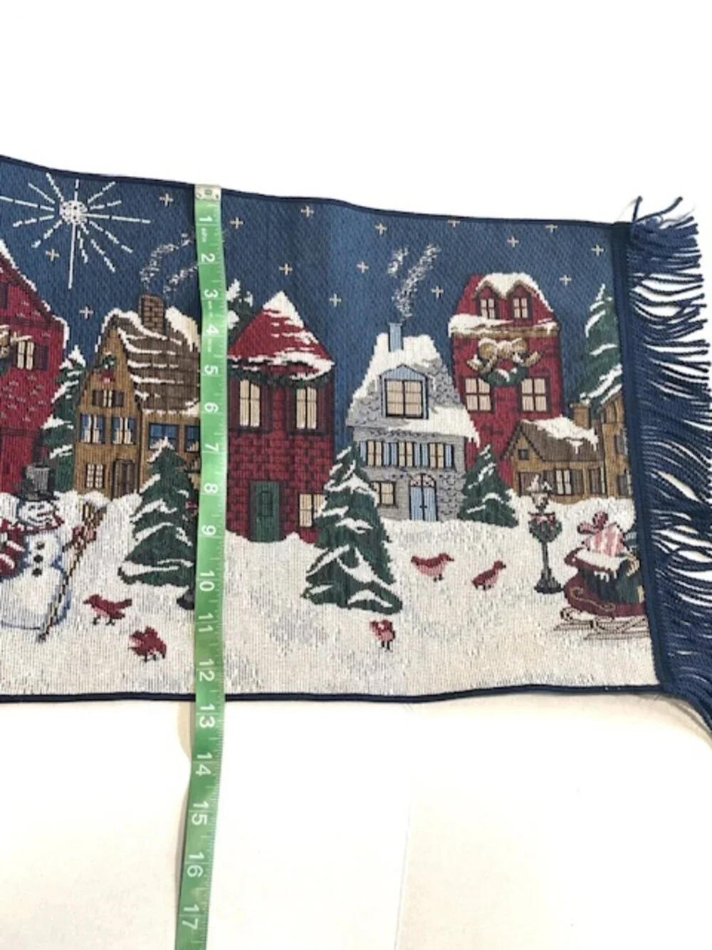 VTG Christmas Table Runner Tapestry Fringe Snowman Winter Village 31